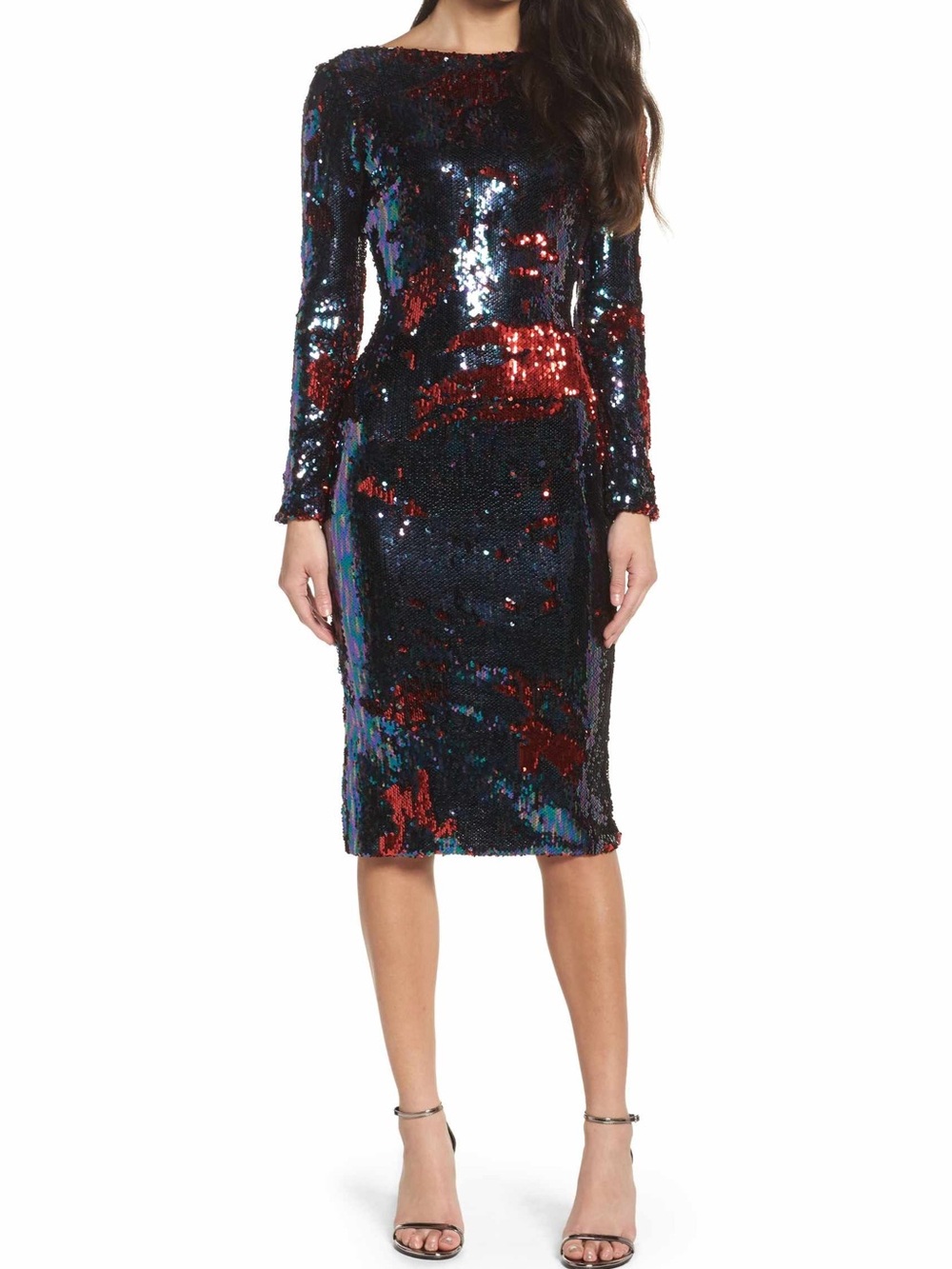 Dress the population- emery oil slick sequin long sleeve midi dress- medium